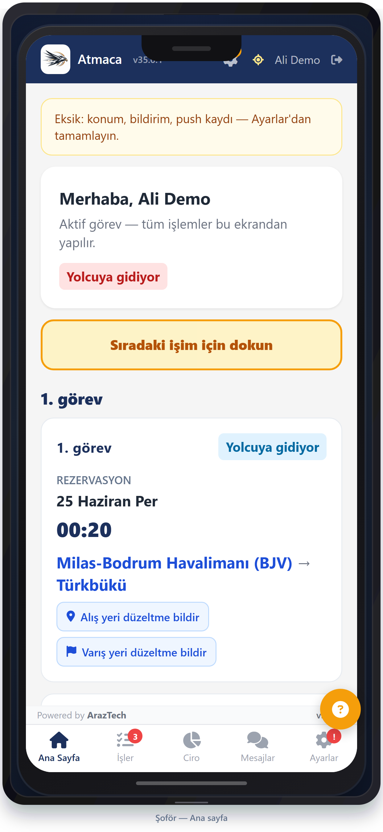 Şoför uygulaması ana sayfa